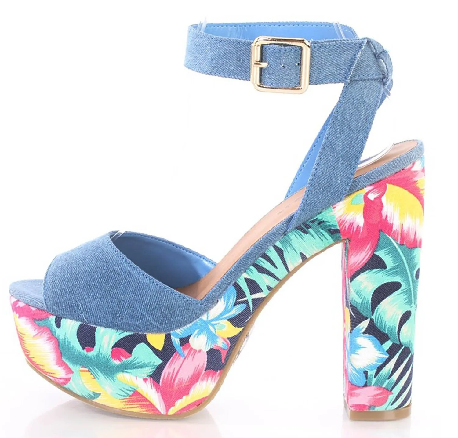 Tropical Floral Aqua Peep Toe Denim Platform Strappy Heels