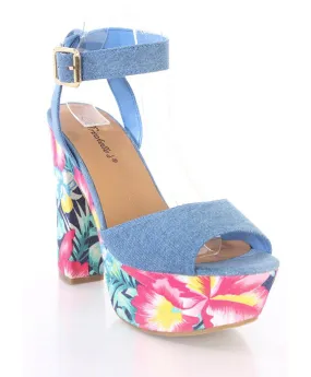 Tropical Floral Aqua Peep Toe Denim Platform Strappy Heels