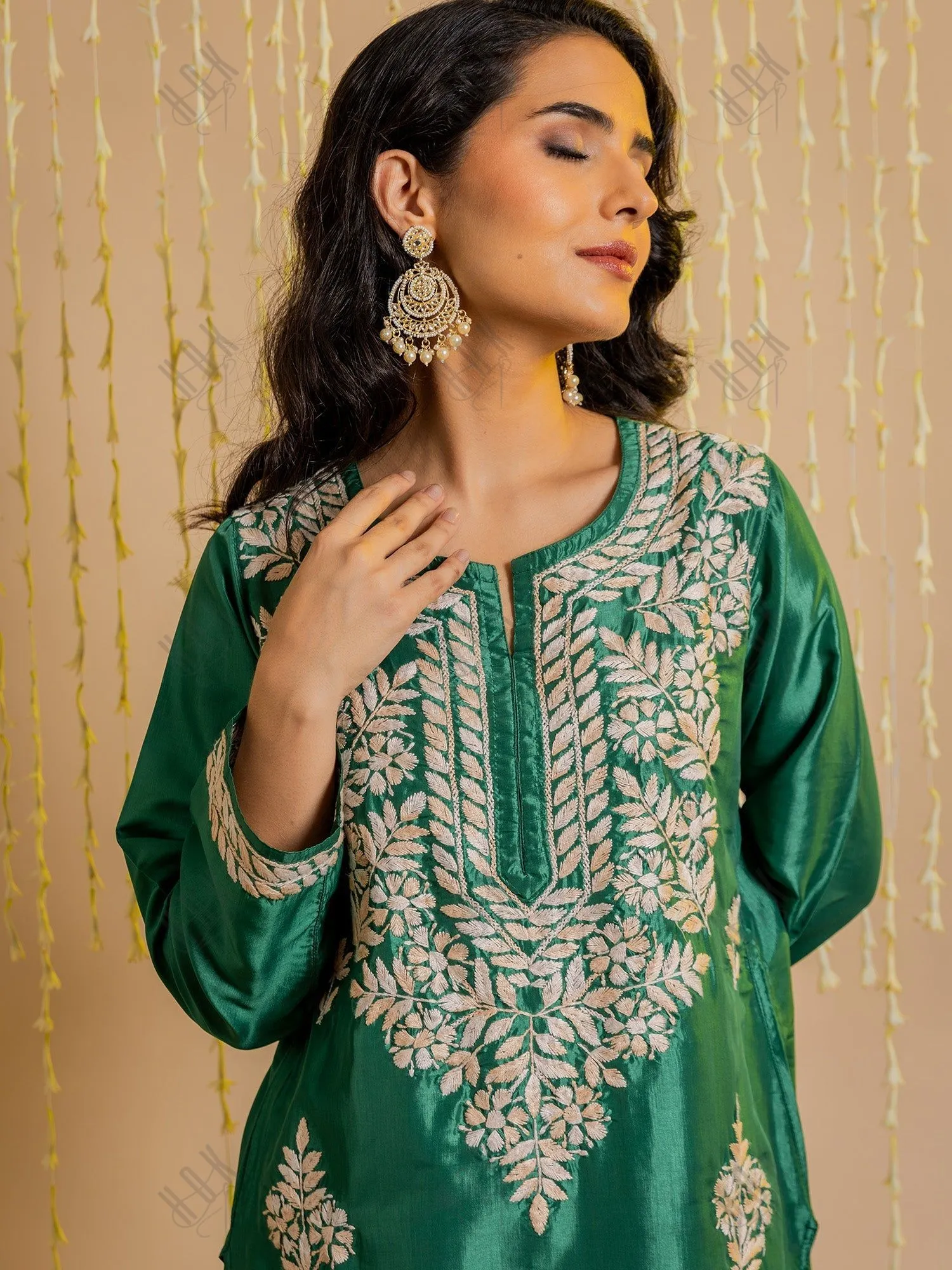 Urmi in Silk Chikankari Kurta Set for Women - Mehndi Green