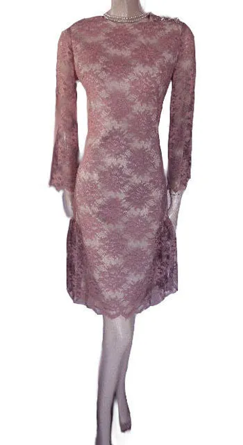 *VINTAGE ‘50s CAROL CRAIG LACE FLOUNCE COCKTAIL DRESS WITH SPARKLING RHINESTONE BUTTONS & METAL ZIPPER IN ROSE DUST