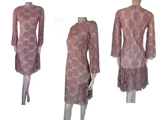 *VINTAGE ‘50s CAROL CRAIG LACE FLOUNCE COCKTAIL DRESS WITH SPARKLING RHINESTONE BUTTONS & METAL ZIPPER IN ROSE DUST