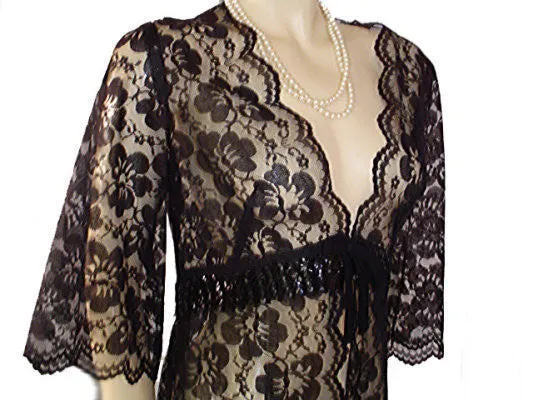 VINTAGE BLACK ALL LACE PEIGNOIR SPARKLING SEQUINS WITH BOW