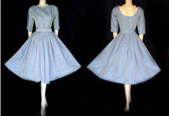 *VINTAGE TAFFETA PARTY COCKTAIL DRESS WITH SPARKLING RHINESTONE BOW & METAL ZIPPER IN HEAVENLY BLUE